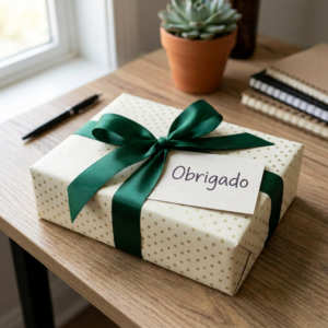 Rectangular gift box wrapped in cream paper with gold polka dots, tied with a green satin ribbon and a card reading 'Obrigado'