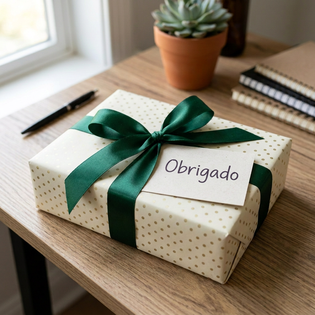 Rectangular gift box wrapped in cream paper with gold polka dots, tied with a green satin ribbon and a card reading 'Obrigado'
