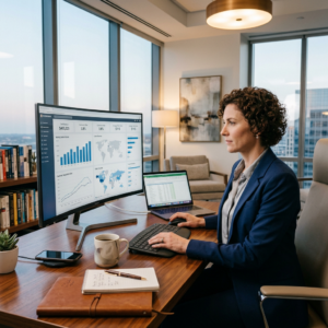 Woman in a blue blazer working at a desk with financial charts on a large monitor and a laptop beside her